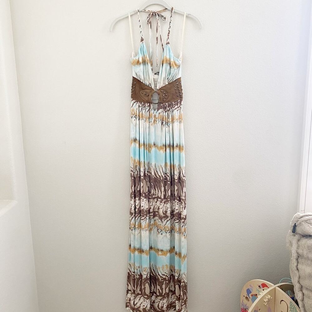 Elegant Blue and Brown Maxi Dress